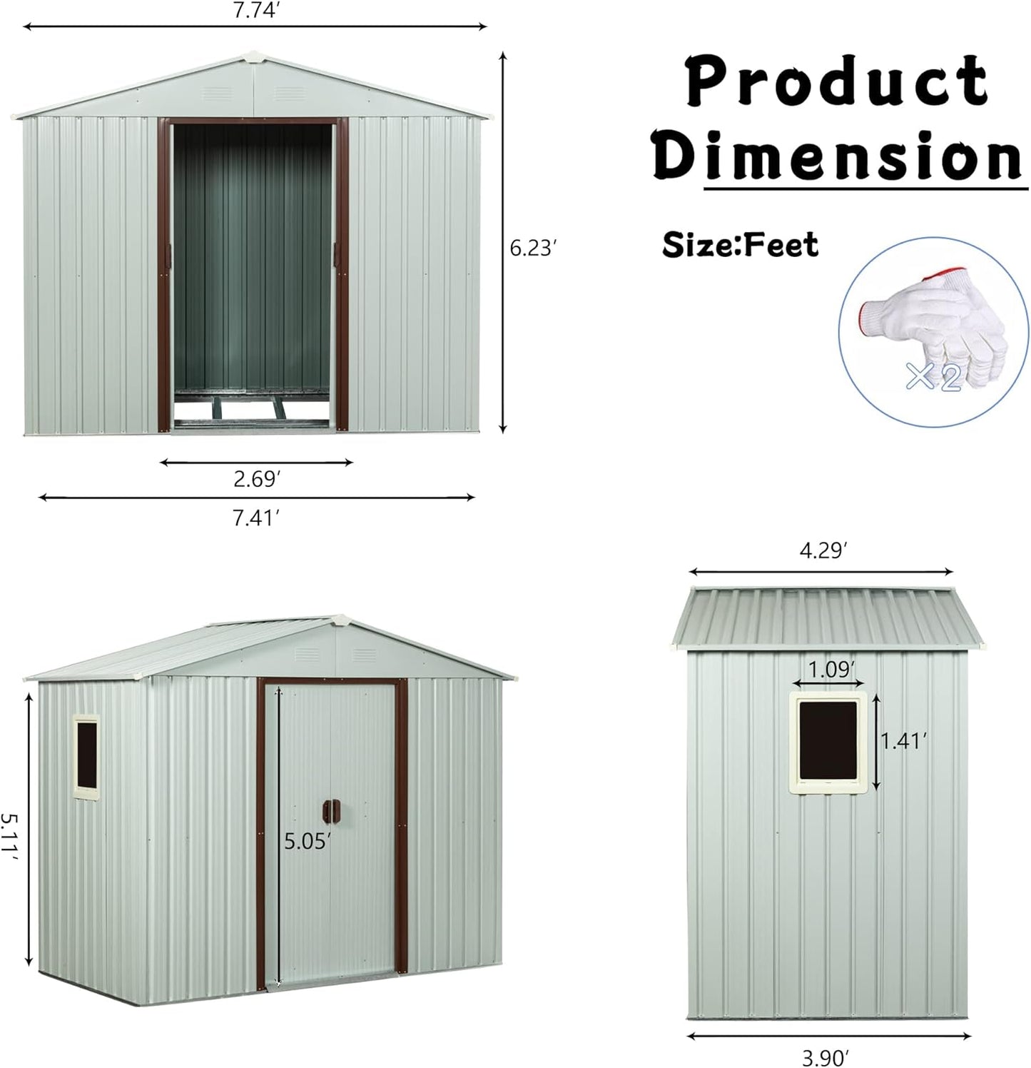 4x8 FT Outdoor Storage Shed, Metal Garden Shed with Frame Floor, Outside Tool Shed with Window, Waterproof Storage Building with Lockable Sliding Doors & Sloped Roof for Backyard, Patio, White