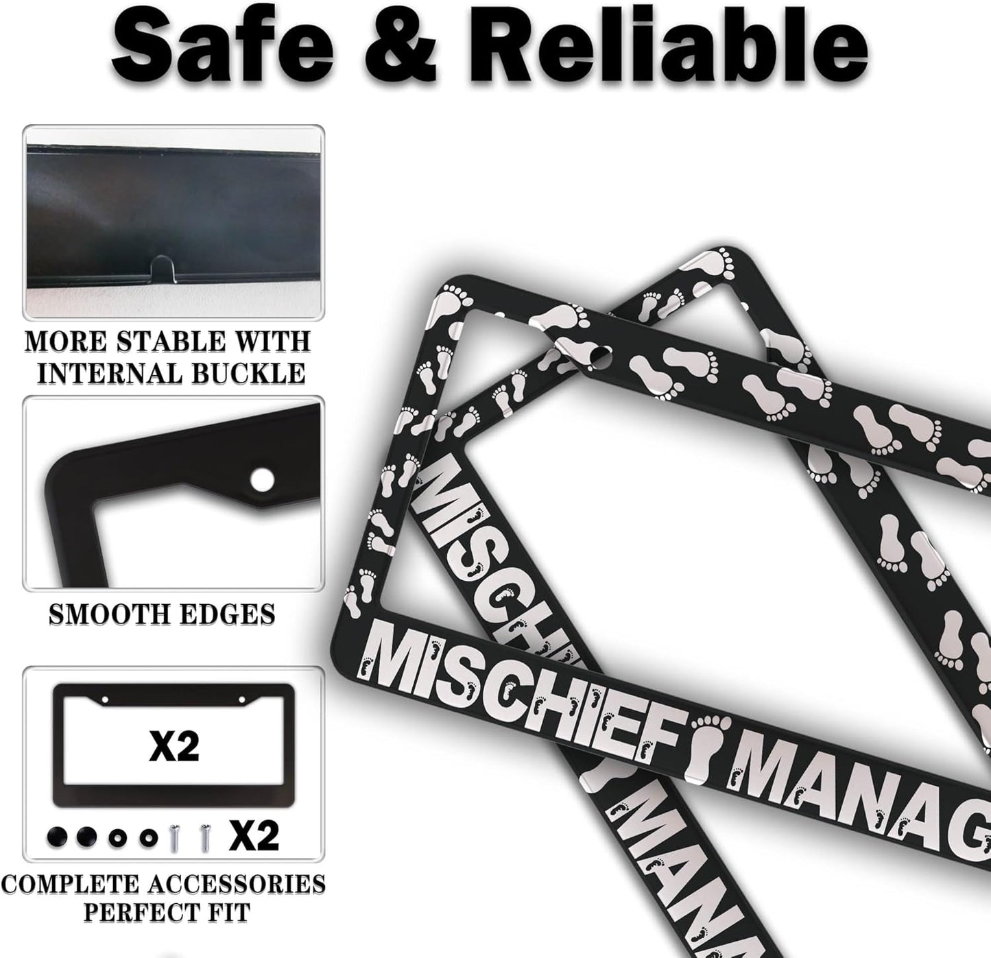 Automotive Exterior Accessories Black and White License Plate Frames Mischief Managed Universal Aluminum Car Accessory 2 Pack with Screw Covers Set