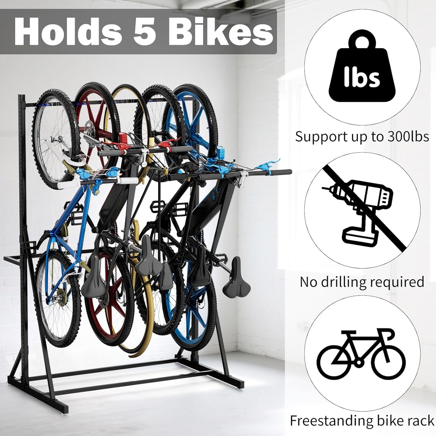 Freestanding Bike Storage Rack, Heavy Duty Vertical Bike Rack with 300LB Capacity, Hold 5 Bikes, Indoor Bicycle Organizer for Garage Storage with No Drilling Needed