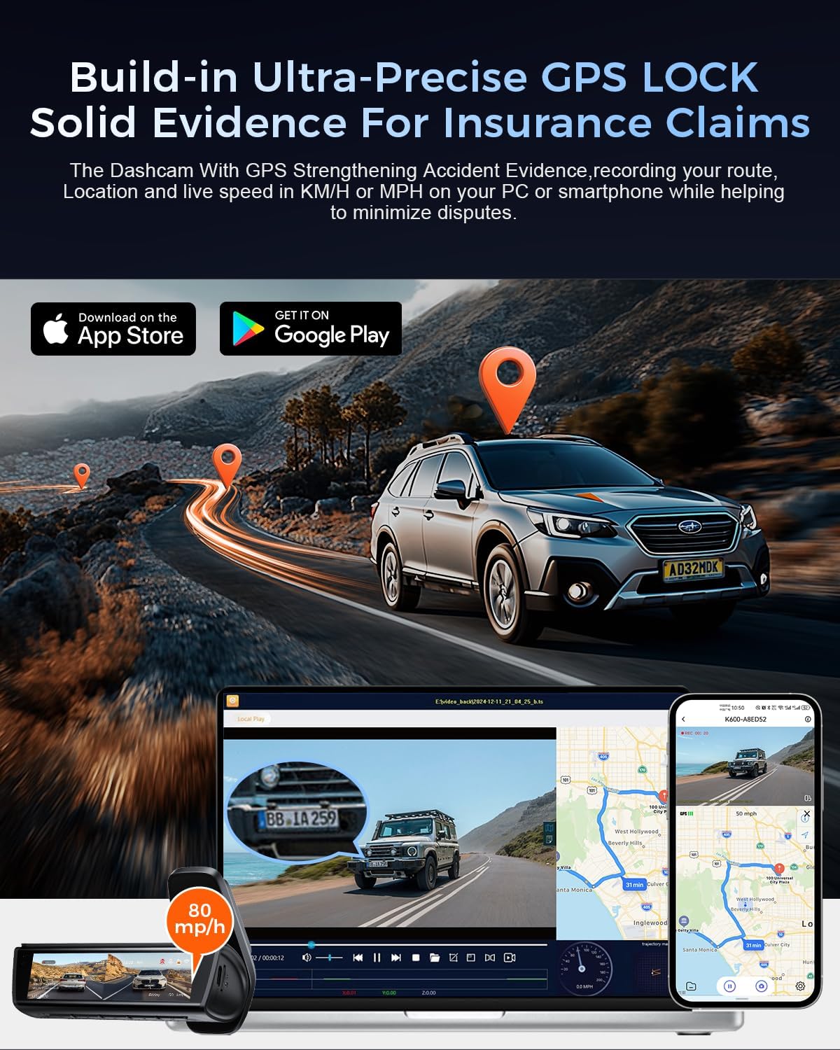 K600 4k Dash Cam Front and Rear, 3.59" IPS Screen, Built-in GPS 5G WiFi Dash Camera for Cars with App, UHD 2160P Night Vision Free 64G SD Card, 170° Wide Angle, HDR, 24H Parking Mode