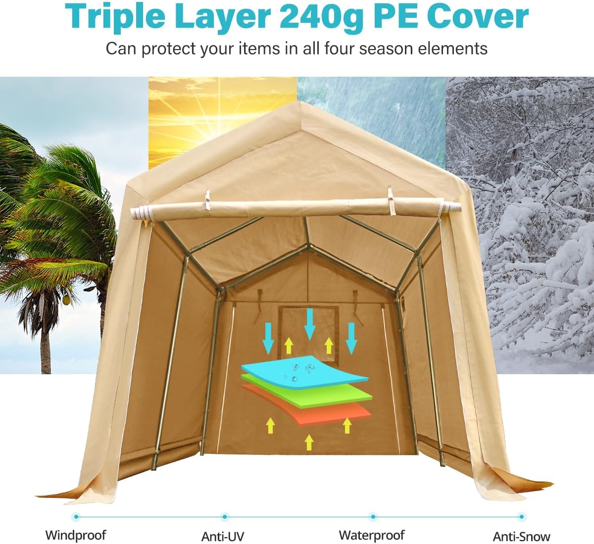 ADVANCE OUTDOOR 8x14 ft Steel Metal Peak Roof Portable Garage Shelter Storage Shed Carport for Motorcycle, Bike or Garden Tools with 2 Roll up Doors & Vents, Beige