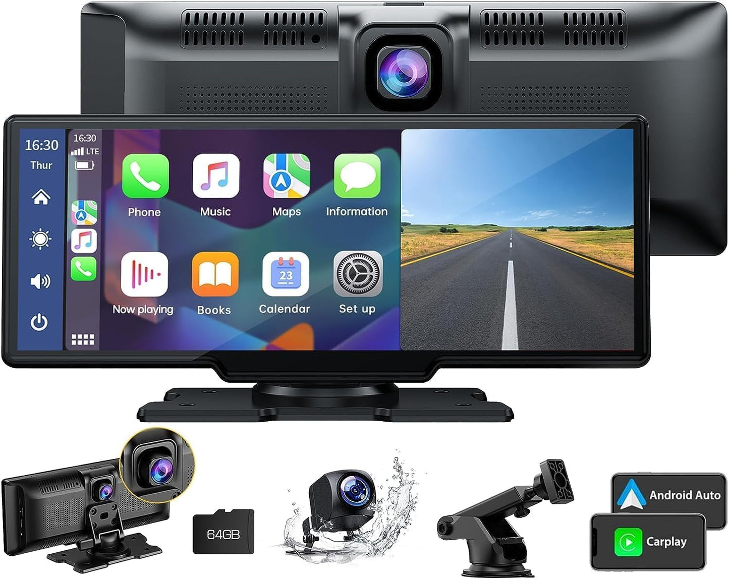 LAMTTO 9.26" Wireless Carplay and Android Auto with 2.5K Dash Cam, 1080P Backup Camera, Portable Touchscreen GPS Navigation for Car, Car Stereo Receiver with Bluetooth,AirPlay,AUX,FM,Googel,Siri