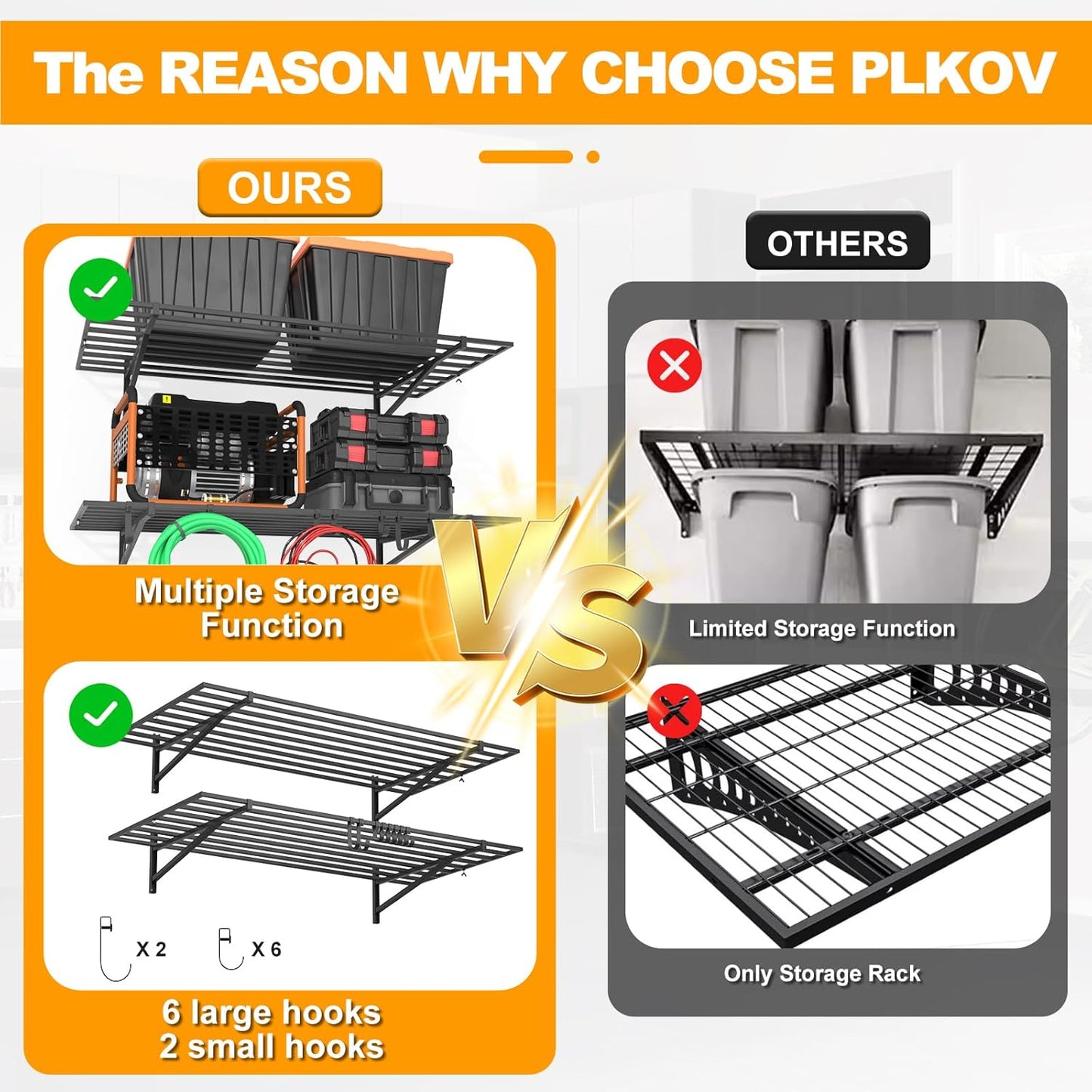 2-Pack 2×4ft Steel Garage Wall Shelving, 500lbs Each Load Capacity, Black, Hooks, Tool & Equipment Storage