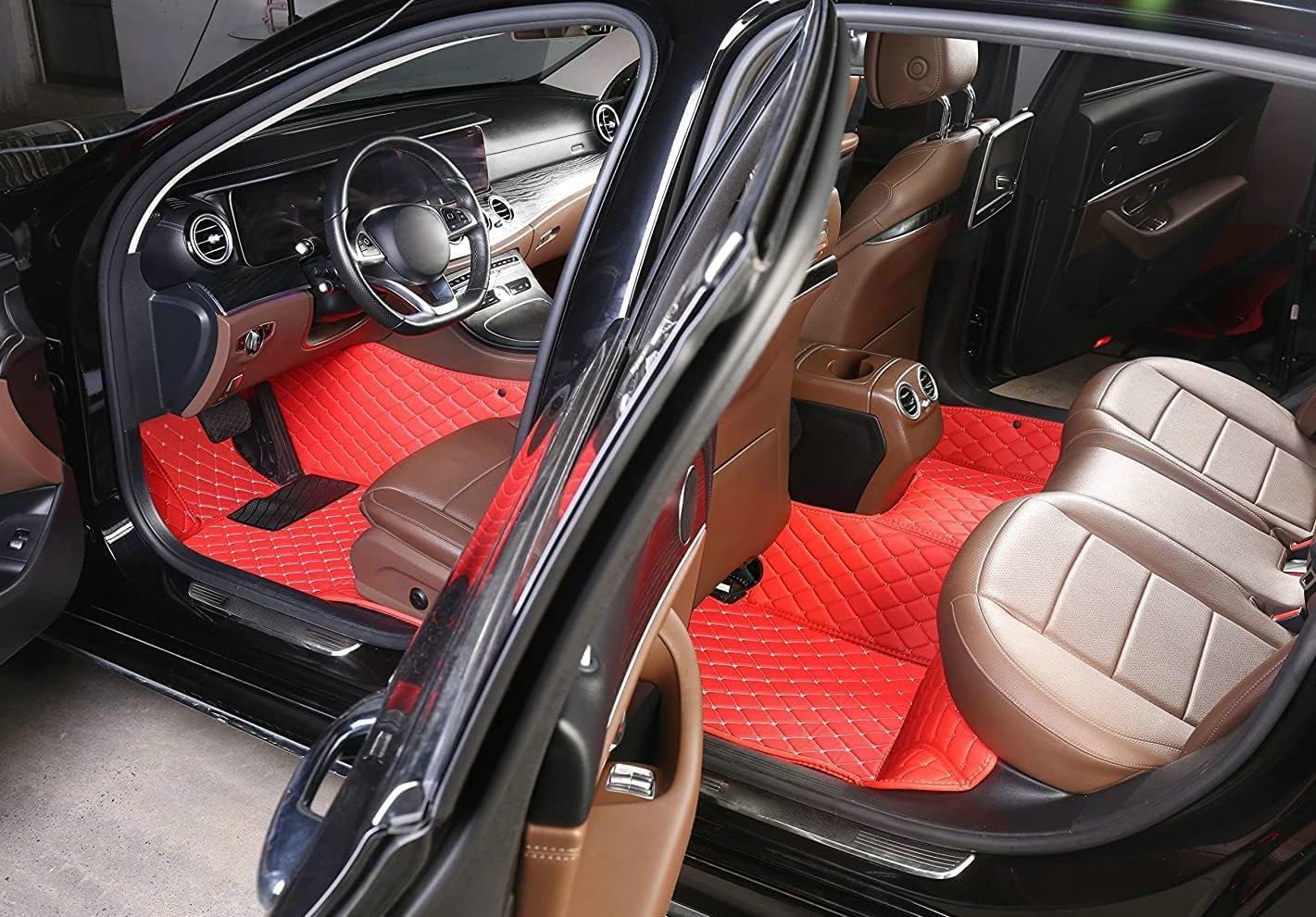 Custom Artificial Leather Waterproof All-Weather Car Floor Mats Fit for 99% Sedan SUV Sports Car Vehicle Car Mat (Red Black Stripe)