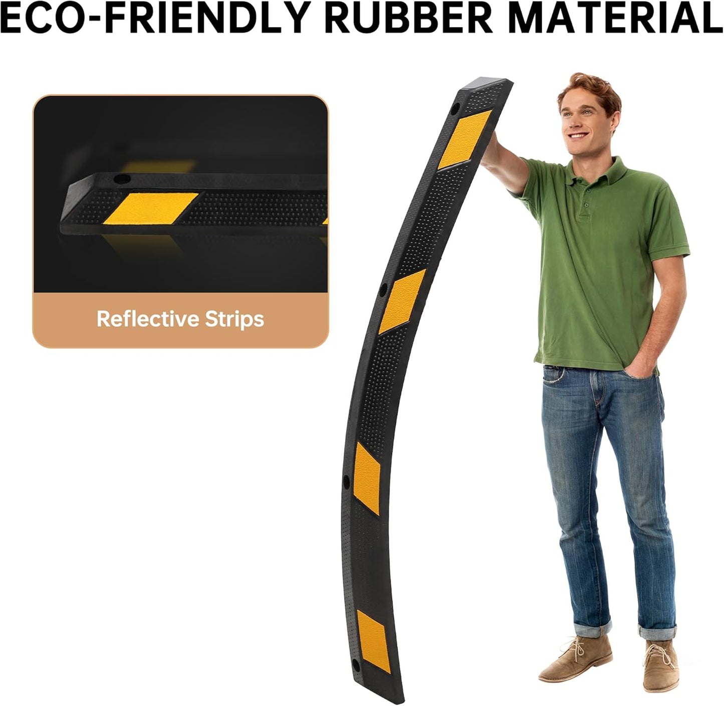 1-Pack 72" Rubber Parking Curb, Heavy Duty Long Garage Floor Wheel Stopper with Highly Visible Yellow Reflective Stripes, Car Parking Bumpers for Truck, RV, Trailer