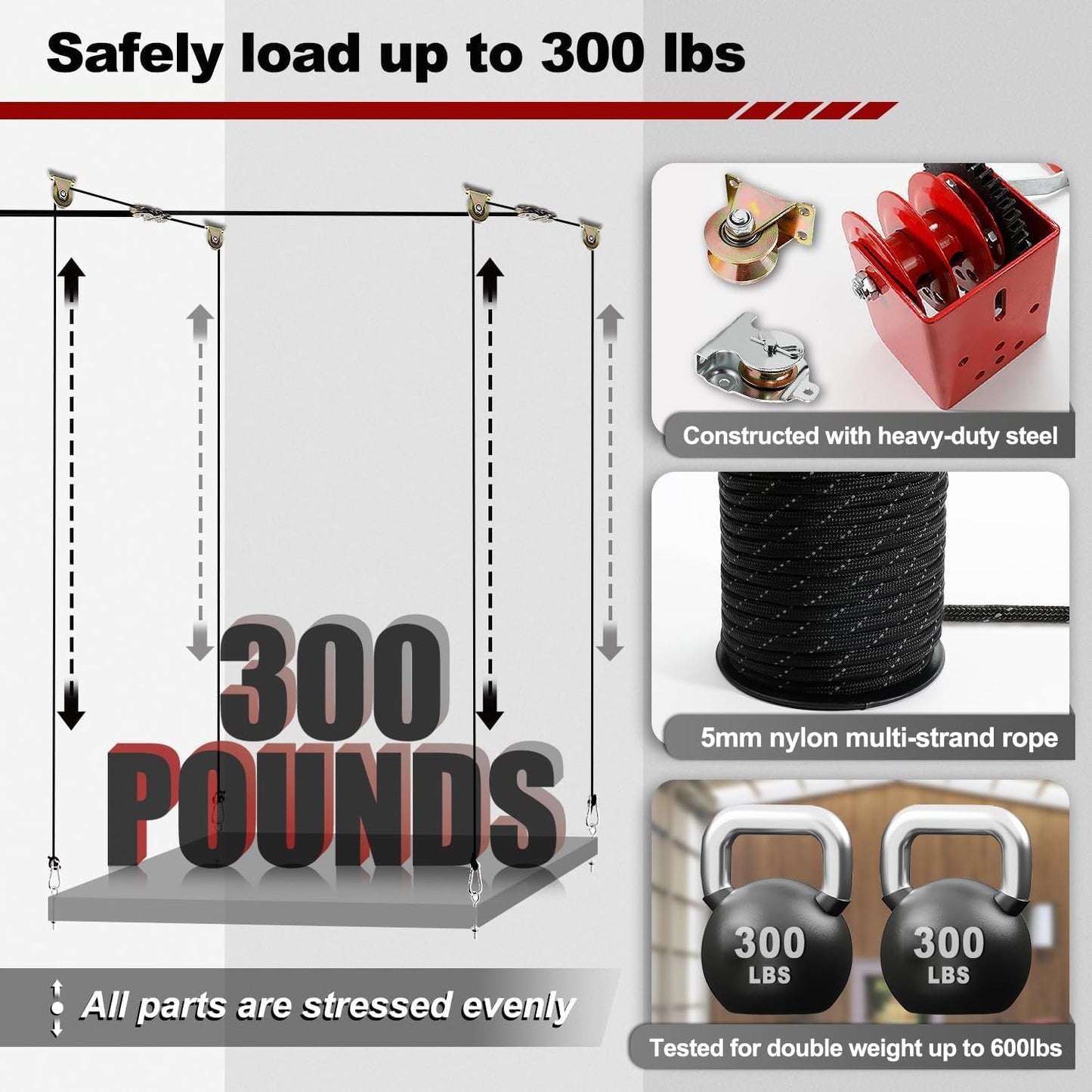 Overhead Garage Storage Lift - Heavy Duty Ceiling Mounted Garage Storage Lift System for Organization - 300lbs Weight, Supports 8-16ft Ceilings, Compatible Bronco, Weight, Wrangler (Deck Not Includ)