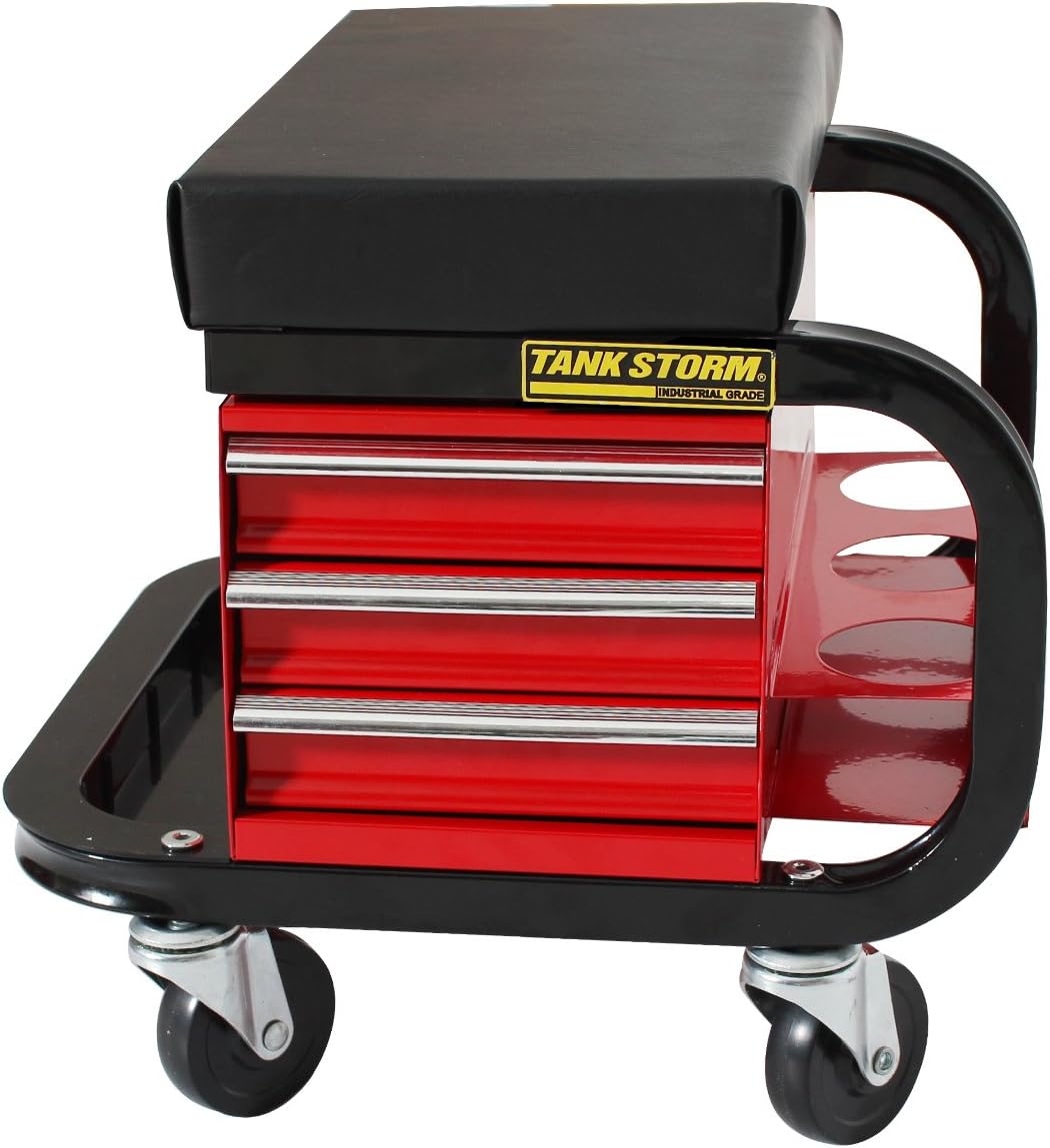 Tool Box Built-in Creeper Seat, Garage Shop Roller Seat, 3 Drawers Heavy Duty Tool Chest with 4 Rolling Casters-350 Lbs Capacity