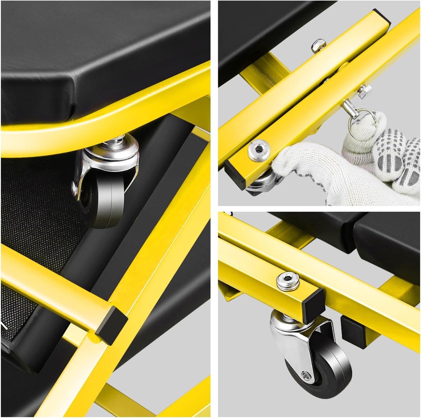 DNA MOTORING 40 Inches Folding 2 in 1 Rolling Z Creeper, Adjustable Roller Garage Chair Lay Down or Sit, 6 Pcs 2" Casters, 150kg Weight Capacity, Yellow, TOOLS-00187-YL