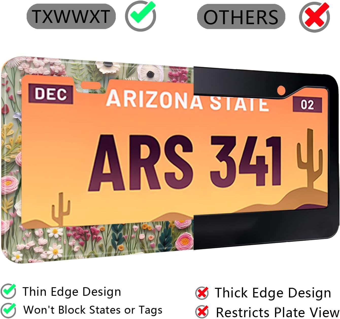 3D License Plate Frame Embroidered Floral Pattern Stainless Steel License Plate Frames Holder Covers Rust-Proof Auto Parts Decoration with Screws License Plate Holder for Car Accessories 12x6 Inch