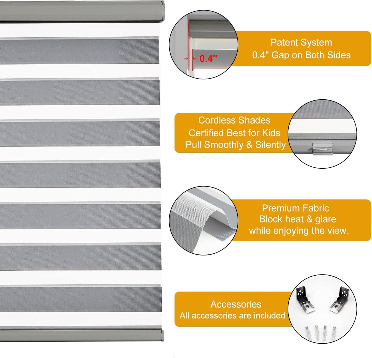 Persilux Cordless Zebra Blinds for Windows (35" W X 64" H, Grey) Free-Stop Roller Windows Shades Dual Layer Light Control for Day and Night, Light Filtering Sheer Shades for Home, Easy to Install