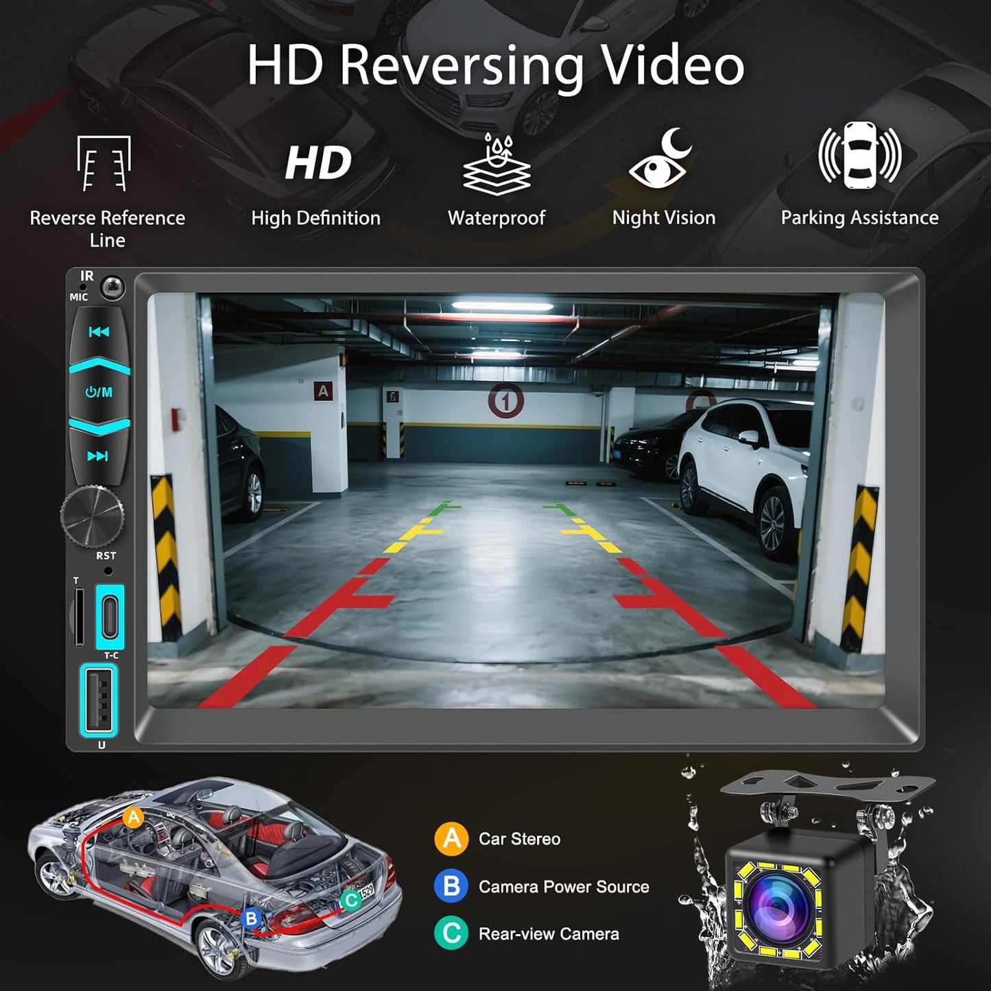 7" Wireless Double Din Car Stereo Apple Carplay Radio Screen for Car Audio Receivers, Bluetooth Car Play Android Auto Touchscreen, Mirror Link, Backup Camera, SWC, AM/FM, AirPlay, Type-C