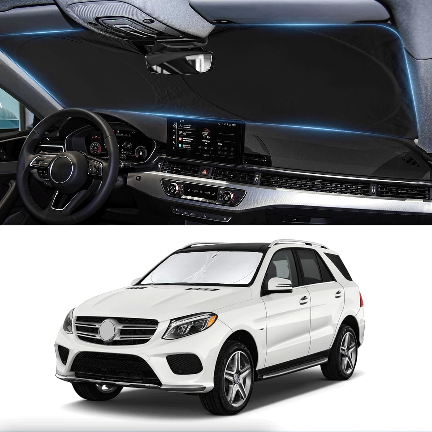 Custom Fit GLE Windshield Sunshade for 2012-2018 2019 Mercedes Benz GLE Class Accessories Front Window Shades Shield for GLE 450 GLE 350 Cover for Windshield Sun Visor Protector Blocks UV Rays