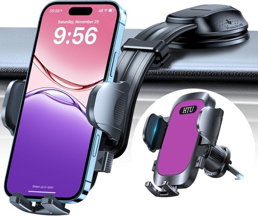 HTU Upgraded Strongest Suction Car Phone Holder Bendable Arm, Never Block View Rotatable Cellphone Mount for Dashboard Windshield Vent, Cradle Stand for iPhone 16 15 14 13 12 Pro Max (Grape Purple)
