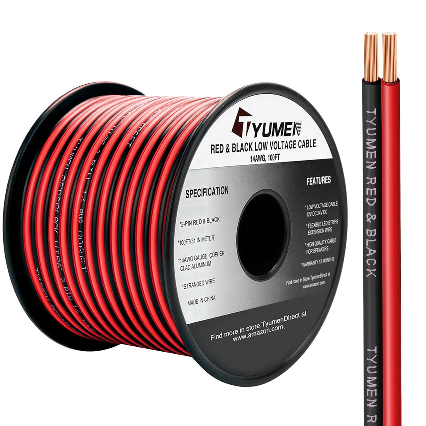 100FT 14/2 Gauge Red Black Cable Hookup Electrical Wire LED Strips Extension Wire 12V/24V DC, 14AWG Flexible Extension Cord for LED Ribbon Lamp Tape Lighting