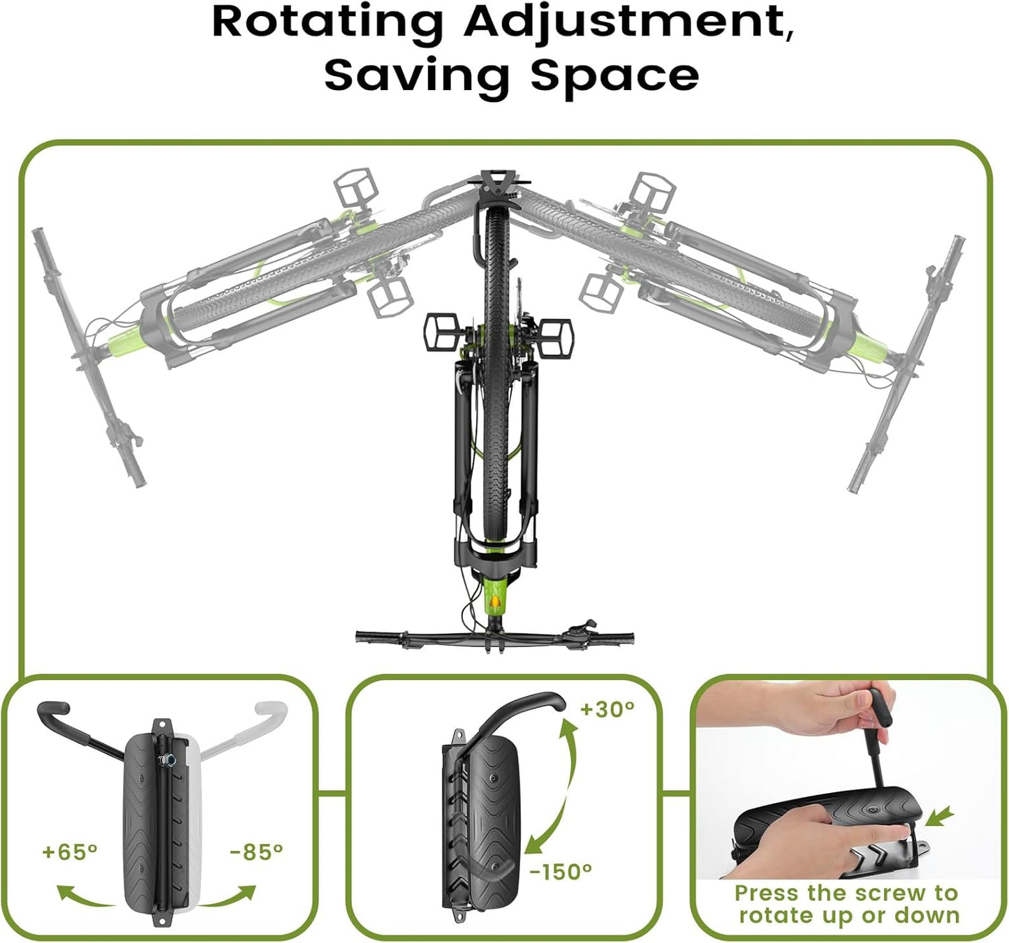 Swivel Bike Wall Mount [4 Pack], 150° Swivel Vertical Bike Rack Wall Hanger Holds up to 66lbs for Mountain/Road/Hybrid Bikes, Bike Hangers, Bicycle Storage Rack for Garage