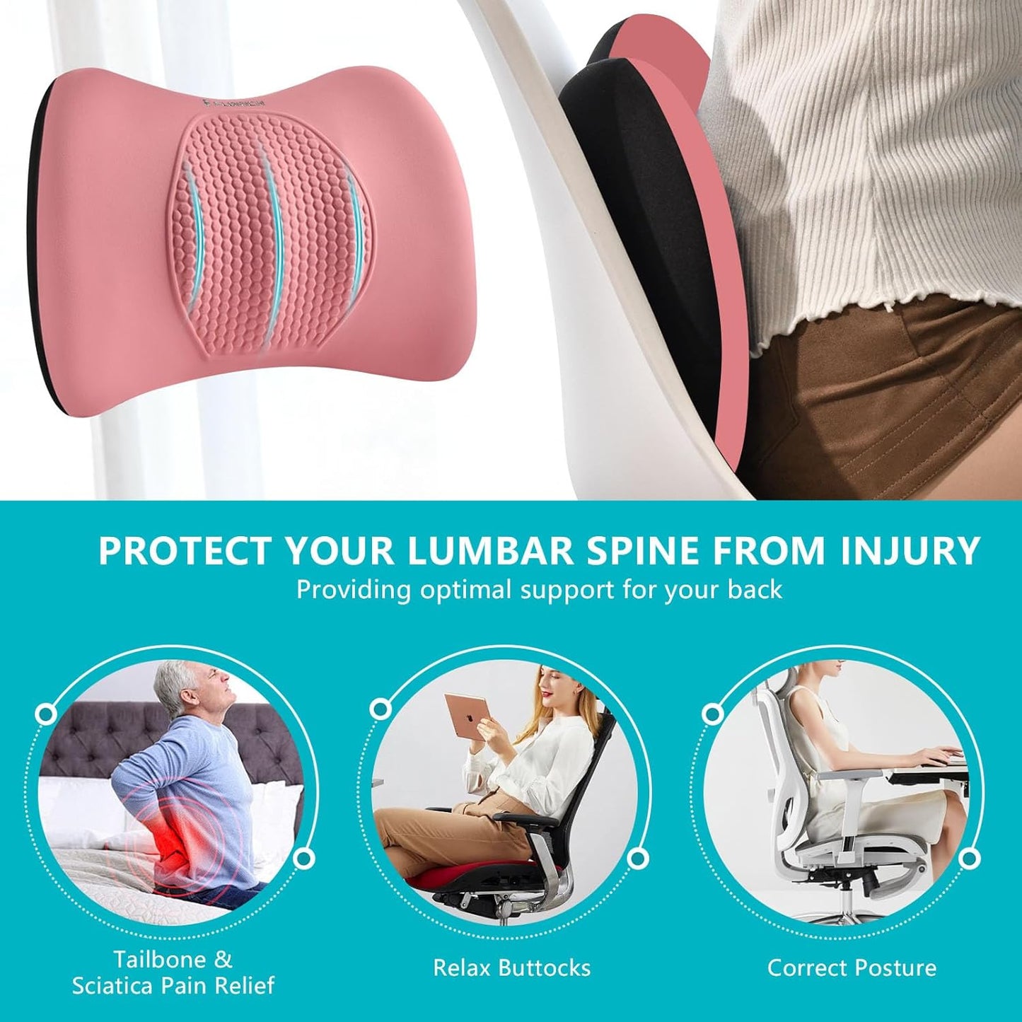 FLORICH 3 PCS Seat Cushion for Carseat Lumbar Support Pillow Car Neck Headrest Pillows Memory Foam Seat Pads Pressure Relief Back Cushion for Office Chair(Pink)