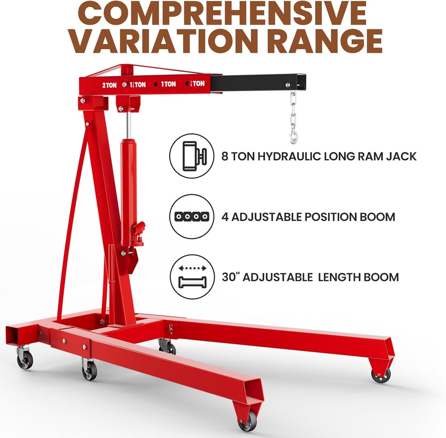 5000 LBS Engine Hoist with Load Leveler, Heavy Duty Alloy Steel Folding Cherry Picker Engine Hoist with 8 Ton Hydraulic Long Ram Jack, Ease of Assembly 2 Ton Engine Hoist for Workshop Warehouse Garage