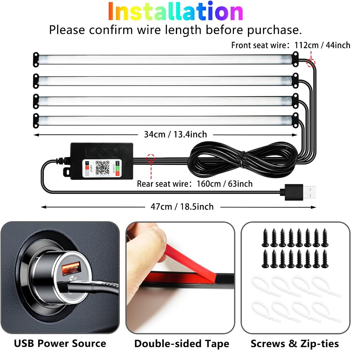Car Led Interior Light Strip 72LEDs Under Dash Foot Well PVC Housing RGB DIY 210 Modes Static/Chase/Gradient/Strobe, Music Sync, Timer App Switch Control, USB 5V DC 12V, No Remote