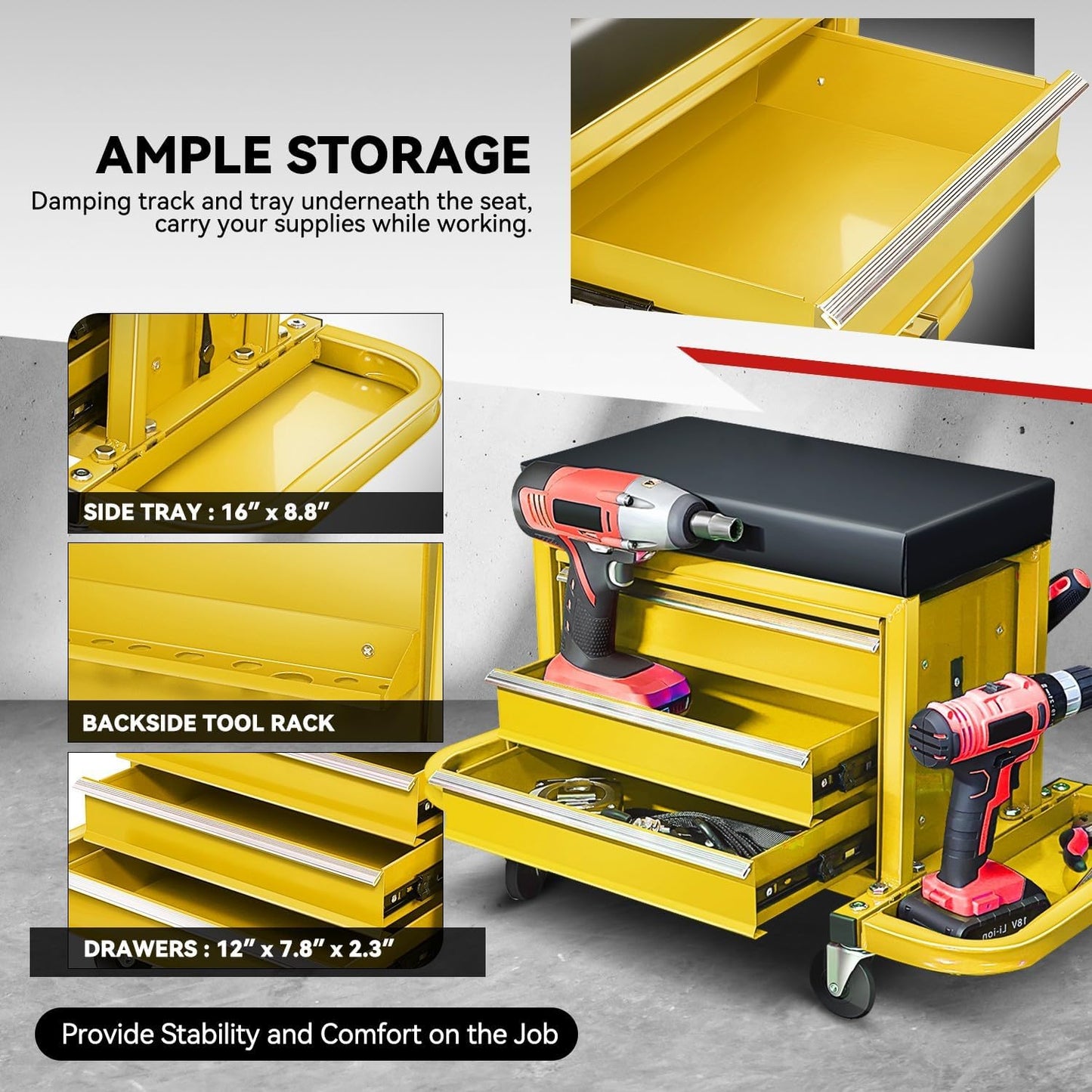 Auto Dynasty 3-Drawer Mechanic Rolling Seat, 350 LBS Capacity Roller Garage Shop Seat with Storage Tool Tray for Workshop, Repair Shop, Warehouse, Yellow