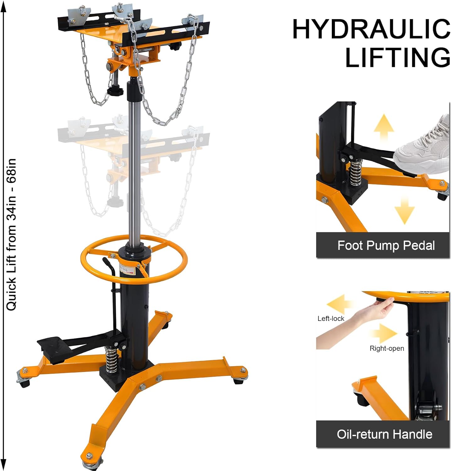 Transmission Jack 1660 lbs/ 0.75 Ton Capacity Hydraulic Telescopic Transmission Jack 34" - 68" Adjustable Height Telescoping Transmission Hydraulic with 360° Swivel Wheels Lift Hoist