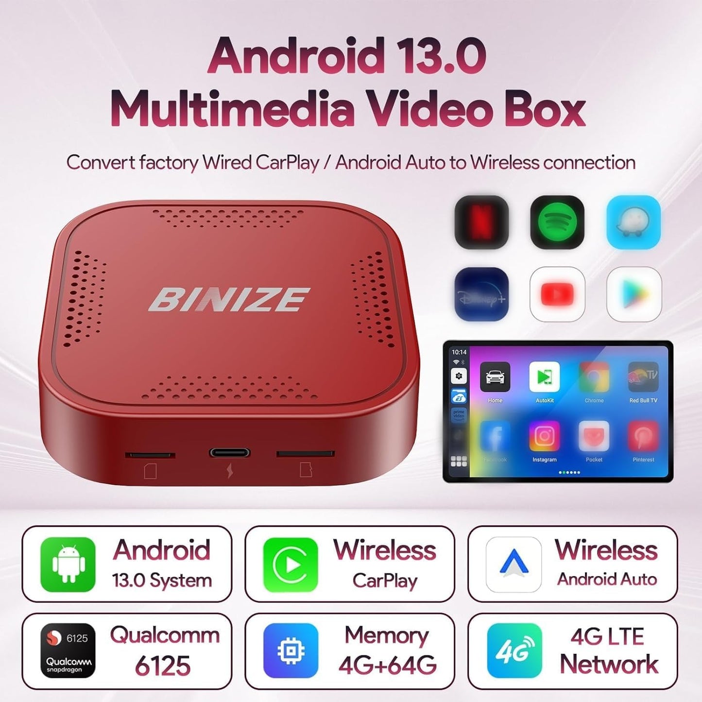Binize Wireless CarPlay Android AUTO Multimedia Video Box 4G Cellular,4GB+64GB,8Core,Android 13 Built-in Navigation Support SIM&TF Card Bluetooth Support Car with OEM Wired CarPlay