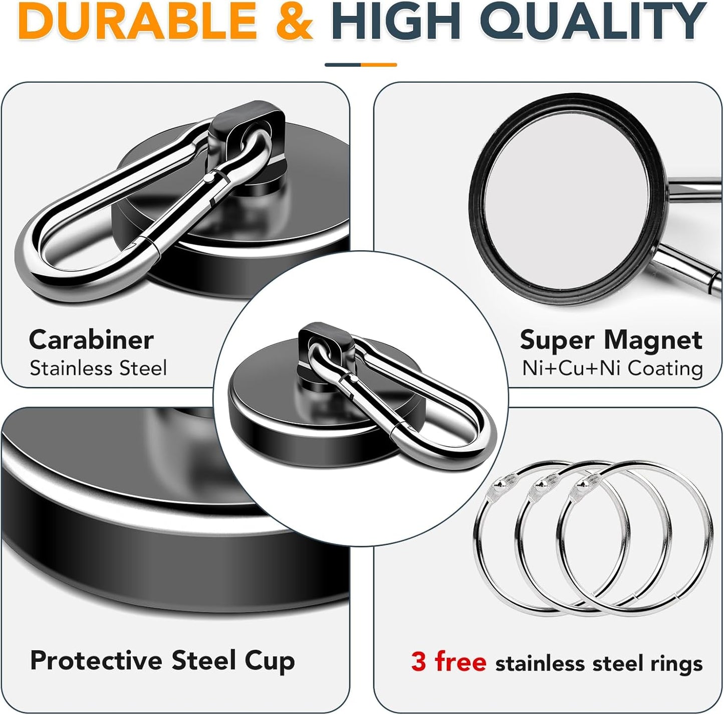 MIKEDE 6 Pack Strong Magnetic Hooks, 70LBS Pull Force Neodymium Magnetic Hooks Cruise Ship with Swivel Carabiner Hooks, Black Heavy Duty Magnets Hooks with Rings for Hanging, Grill, Refrigerator