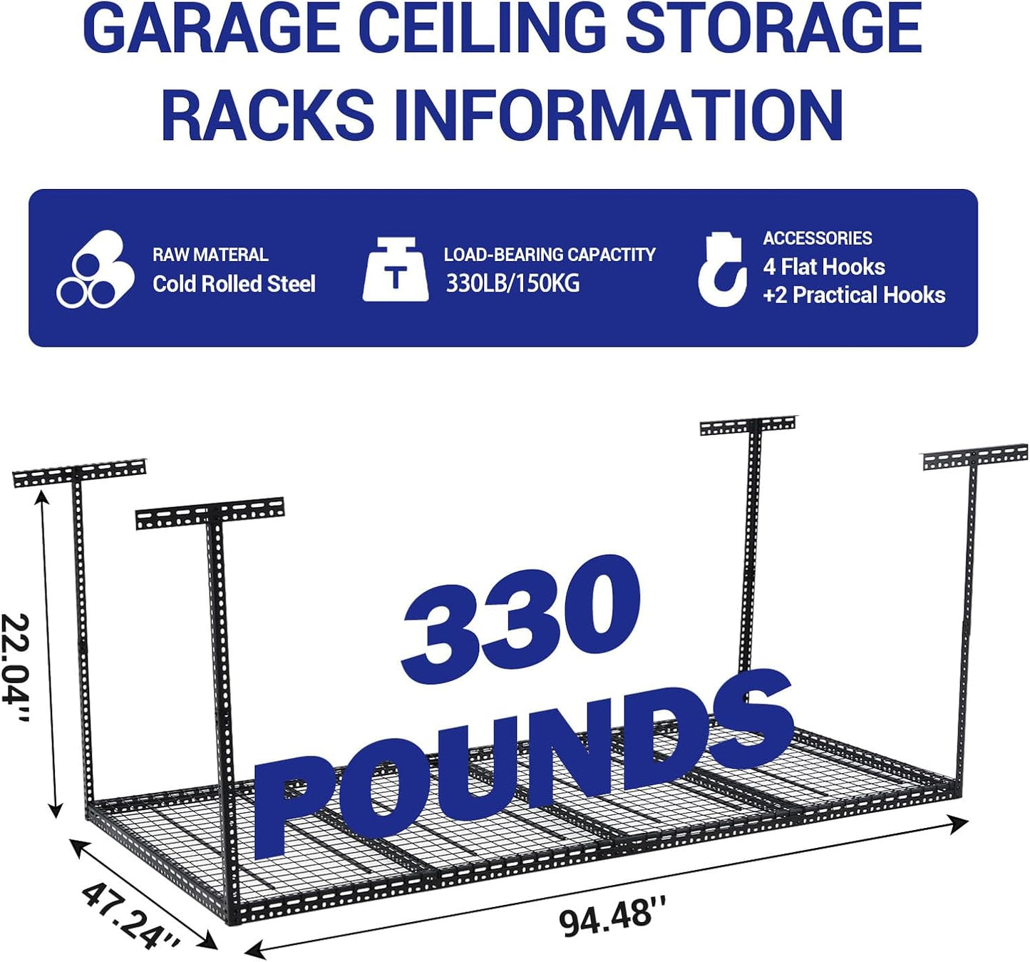 Overhead Garage Storage Rack 4x8 FT, Steel Ceiling Shelves 330lb Capacity, Height Adjustable 22-40 Inches, Space-Saving for Attic Basement Shed (Black, 4 Posts)