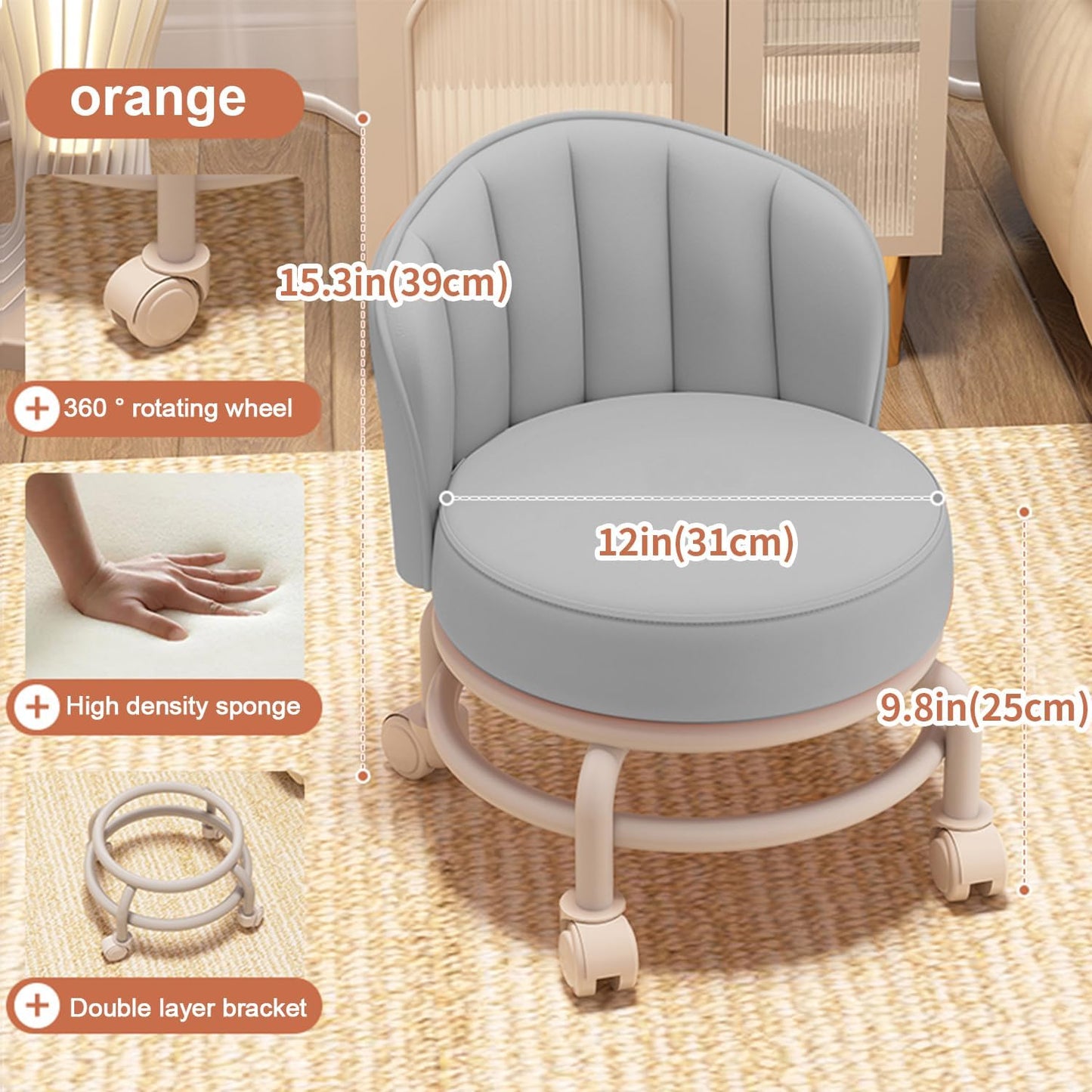 Low Rolling Stool with Backrest,Rolling Pedicure Seat,Low Stool with Wheels for Home, Office, Garage, Shop, Library (Gray)