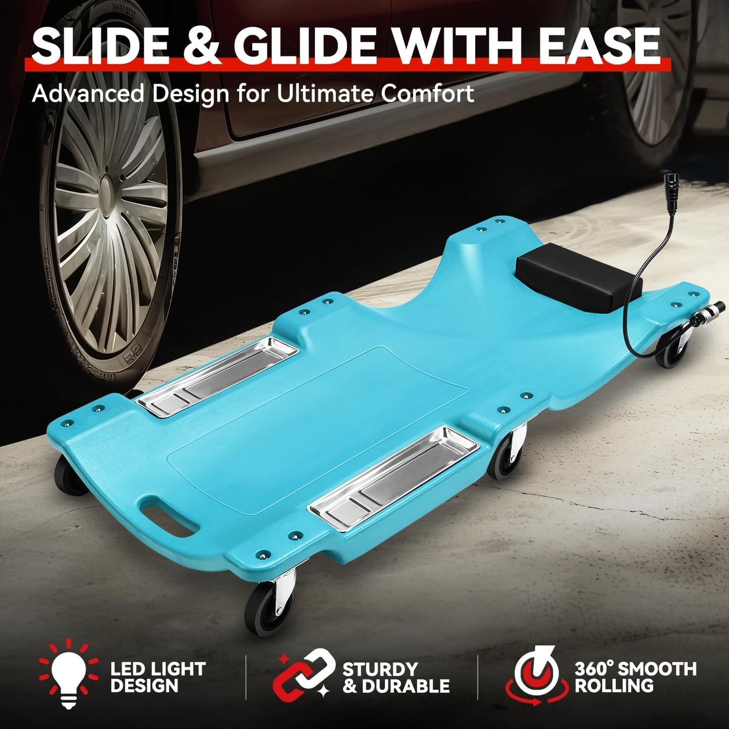 Auto Dynasty 40 Inches Mechanic Creeper, Automotive Garage Repair Low Profile Under Car Rolling Creeper with LED Light and Padded Headrest, Plastic, Sky Blue