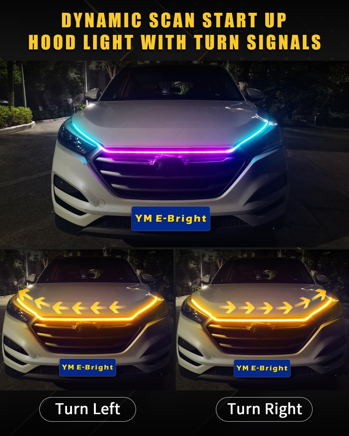 YM E-Bright Car Led Lights Exterior RGB Hood Light Strip Waterproof Multicolor Dynamic Scan Start Up Hoodbeam Kit DRL Daytime Running Lights for Cars,Truck,SUV,APP Control,12V 70inch