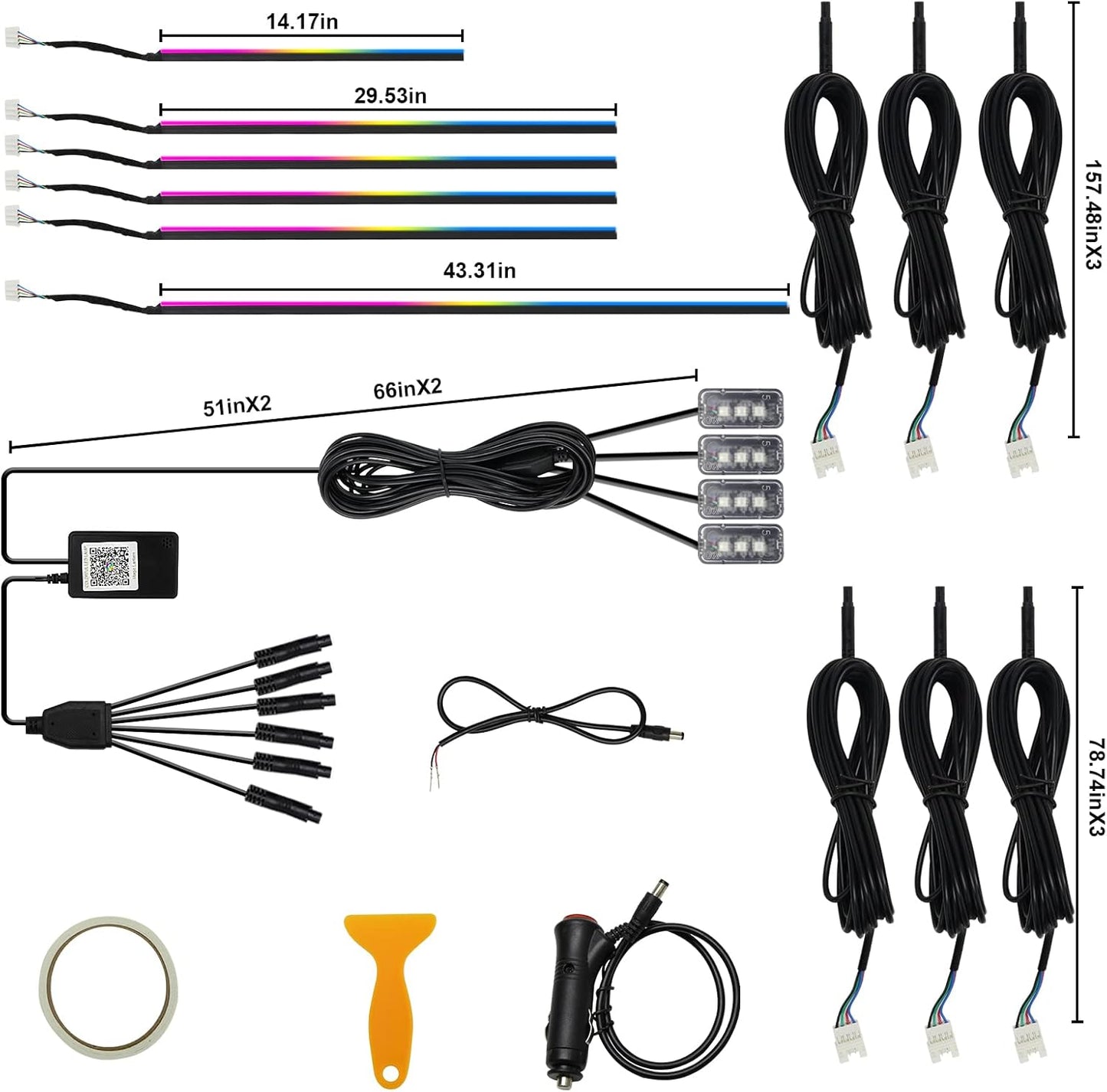 Acrylic Interior Car LED Strip Light RGB Dreamcolor 10 in1 with Wireless APP, 175 inches 593 LED 16 Million Color Fiber Optic Automotive Ambient Light Kits Music Sync Sound Activated Car Neon Lights