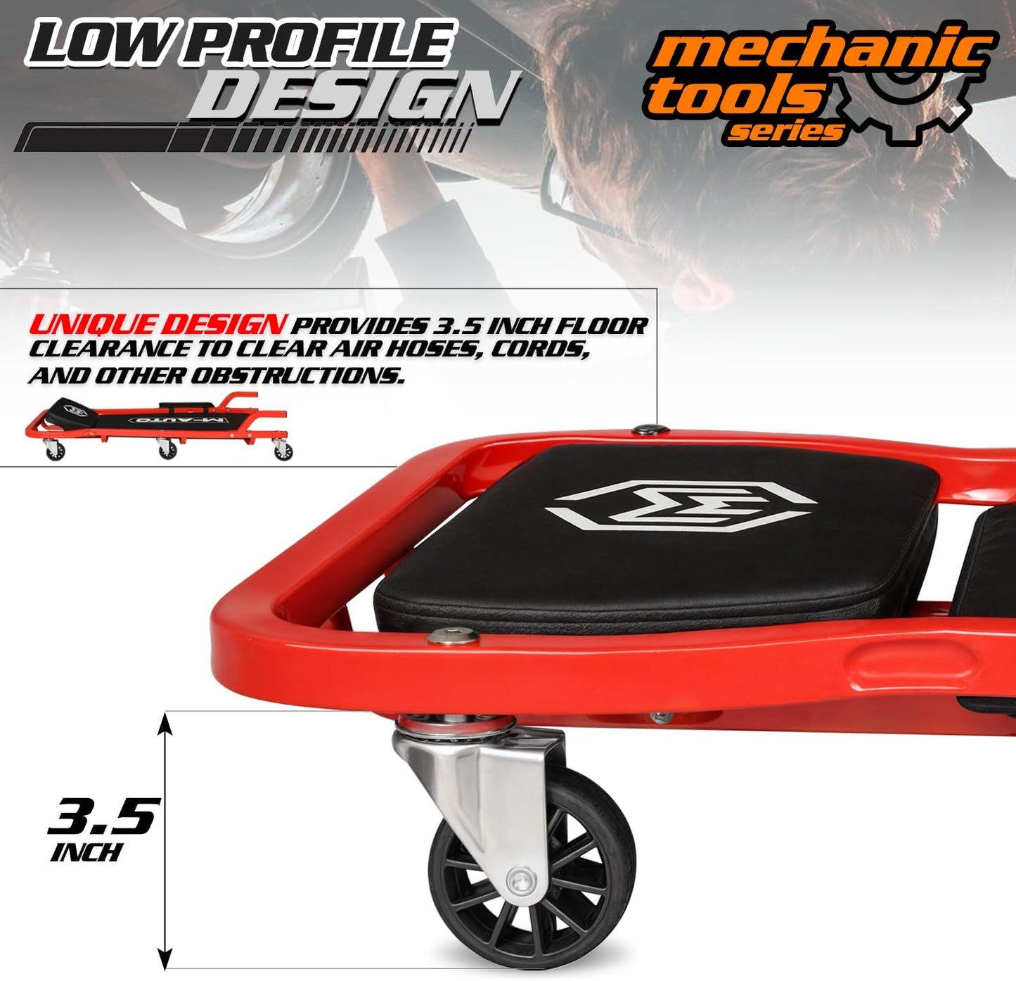 M-AUTO Heavy-Duty Automotive Creeper with 3-leves Adjustable Headrest, 42.5" Padded Metal Frame Creeper with Tools Tray for Garage Shop, 6 Noiseless Casters 300LBS Capacity, Red