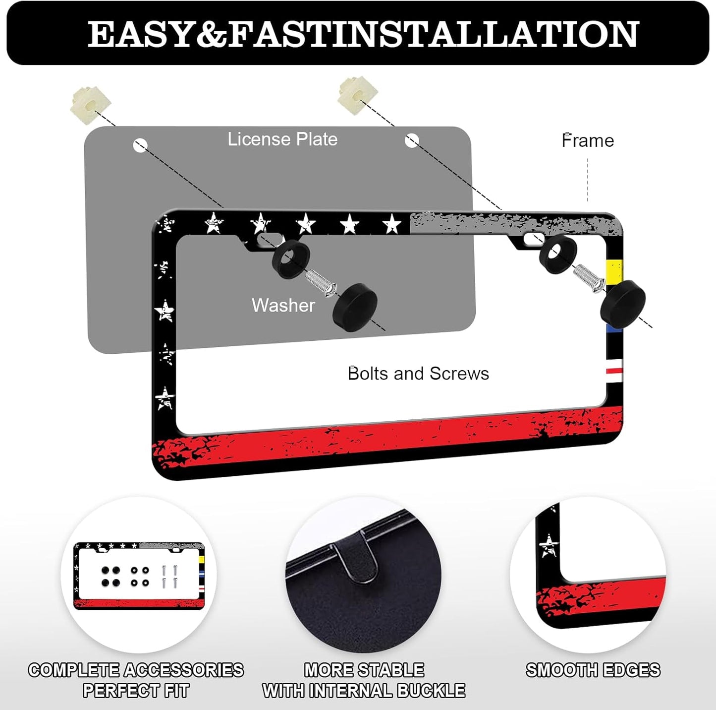 American Flag License Plate Frames - 2 Pack Colorful US Flag Stainless Steel License Plate Holder,Rust-Proof Waterproof Car Decorative Tag Frame with Screws Fasteners Caps