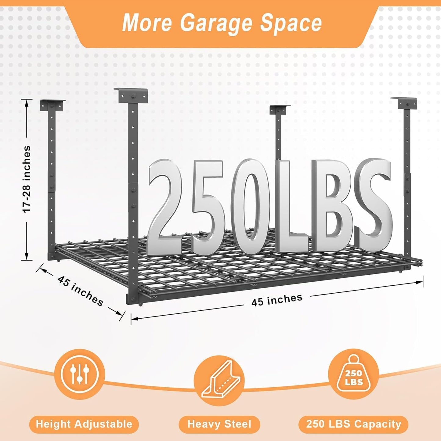 45-Inch x 45-Inch Overhead Garage Storage Rack, 17"-28" Height Adjustable Garage Ceiling Storage Racks, Heavy Duty Storage Organizer System, 250LBS Weight Capacity, Black