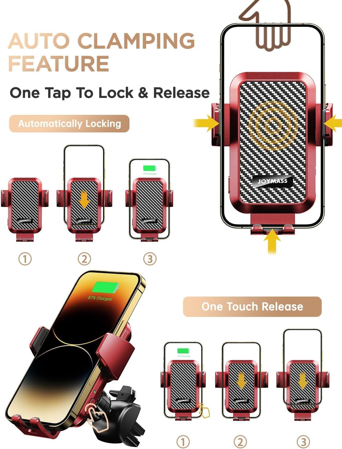 Wireless Car Charger, Phone Holders for Your Car, 15W Auto Clamping Phone Mount Car Accessories for iPhone 16 15 14 13 12 Mini Pro Max 11, Samsung Galaxy S24 Ultra S23 S22+ Note 20, etc - Red