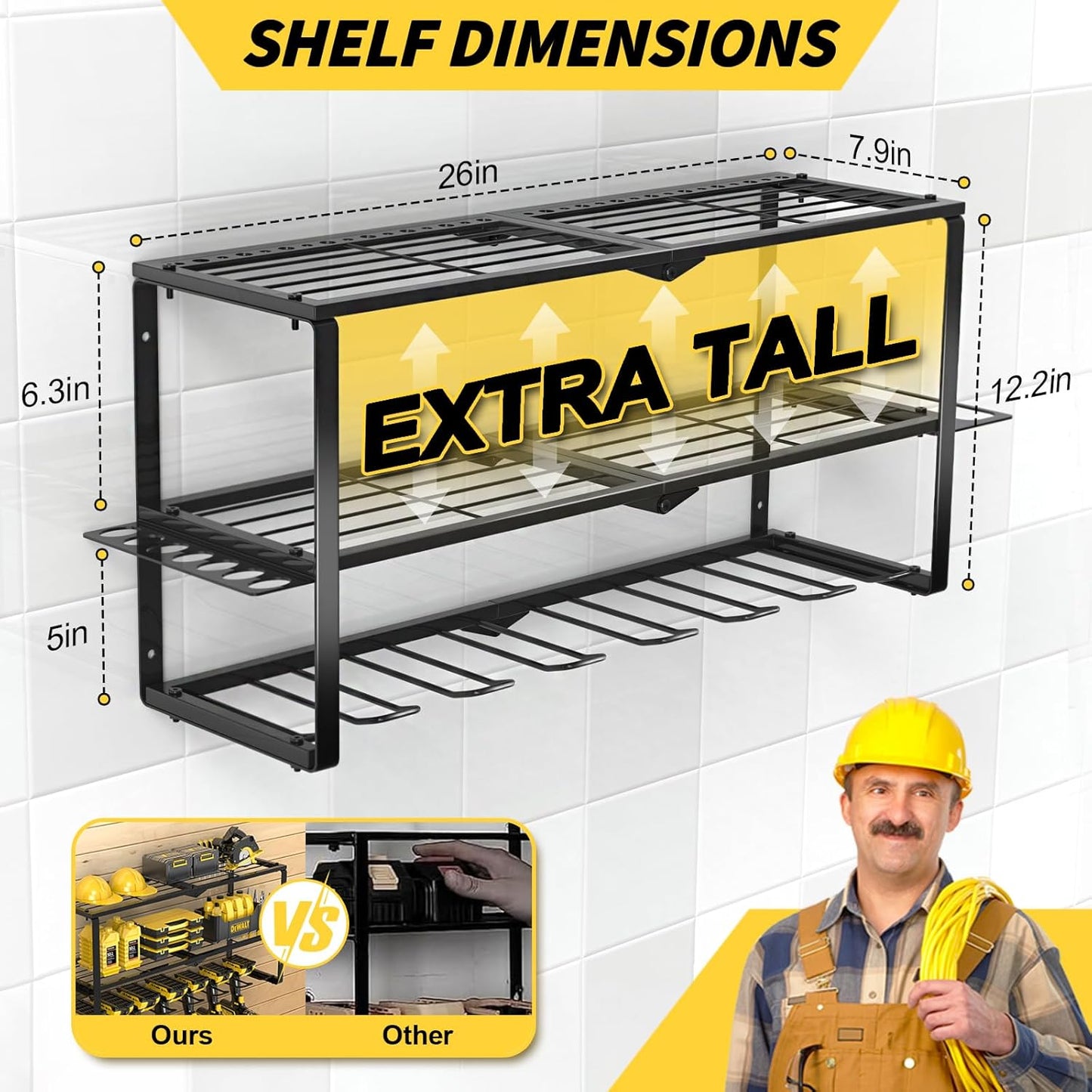 Large Power Tool Organizer Wall Mount,3 Layer Heavy Duty Tool Storage Rack Loads 150lbs,With 7 Cordless Drill Holders,Workshop,Utility Racks for Garage Workshop,Shed - Cool Gifts for Men,Dad,Husband