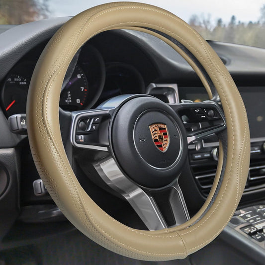 HAOKAY Top Grade Beige Genuine Leather Steering Wheel Cover Men Women, Luxury Steering Wheel Cover for Cars, SUVS and Trucks, Universal 14.5-15 inch