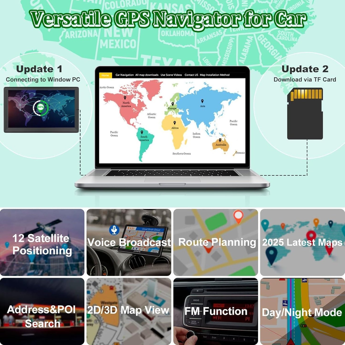 GPS Navigator for Car Truck RV, 9 inch Touch Screen Latest 2025 Map, Real Voice Spoken Turn-by-Turn Direction Reminding Navigation System for Cars, Vehicle GPS with Speed and Red Light Warning, FM