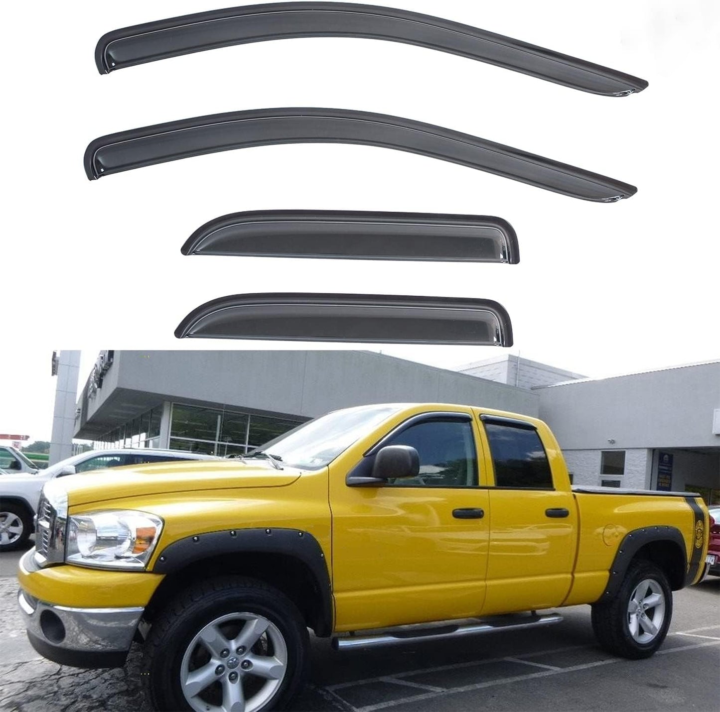 4pcs Front+Rear Smoke Sun/Rain Guard Outside Mount Tape-On Window Visors Compatible with 02-08 Ram 1500 03-09 2500/3500/4500/5500 Quad/Crew Cab