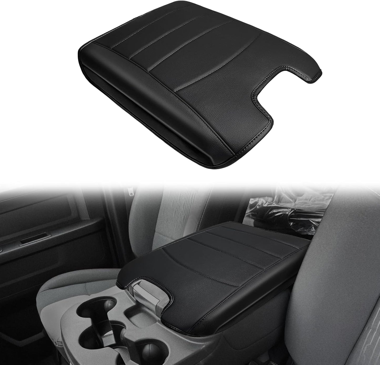 Muslogy Center Console Armrest Cover Compatible with Dodge Ram 1500 2013-2018 & 2013-2025 Ram 2500/3500 Comfort Armrest Pad Arm Rest Cushion Vegan Leather Protector Regular Thick(Jump Seat ONLY)