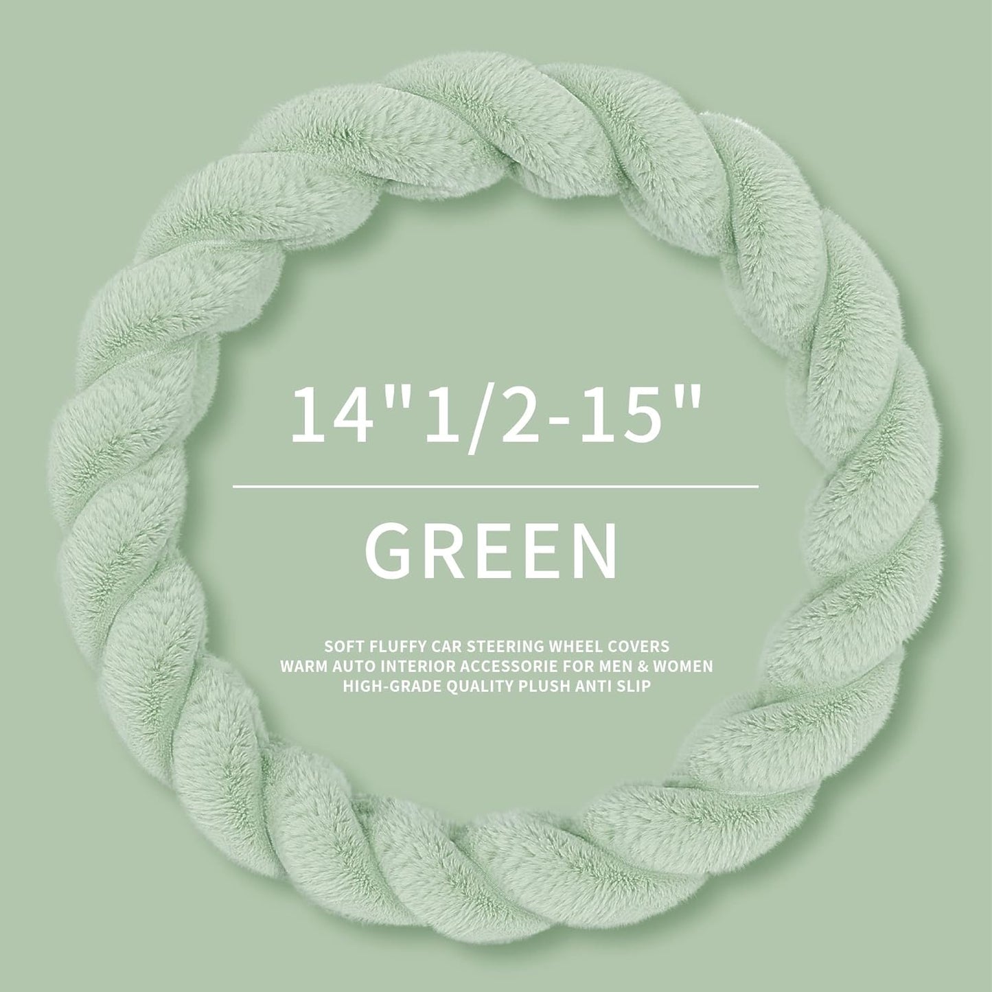 Luxury Fluffy Winter Car Steering Wheel Cover for Women Soft Warm Plush Cute Auto Accessories for Vehicle, Sedan, Universal, Fuzzy, Anti Slip, Green, Standard Size, 14.75-15.15"