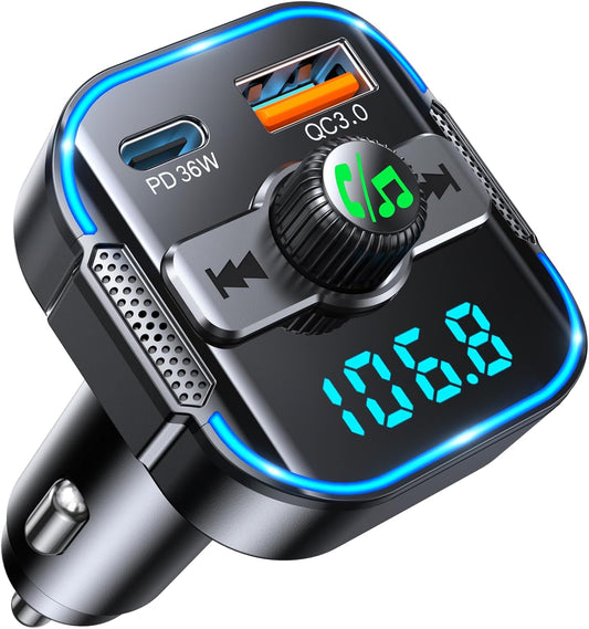 Bluetooth 5.3 Car Adapter【PD 36W+QC3.0 18W】, 2-in-1 FM Bluetooth Transmitter 【Dual Stronger Mics】& Fast Car Charger, Wireless FM Radio Adapter Hands-Free Calling, Siri Assistant, Black