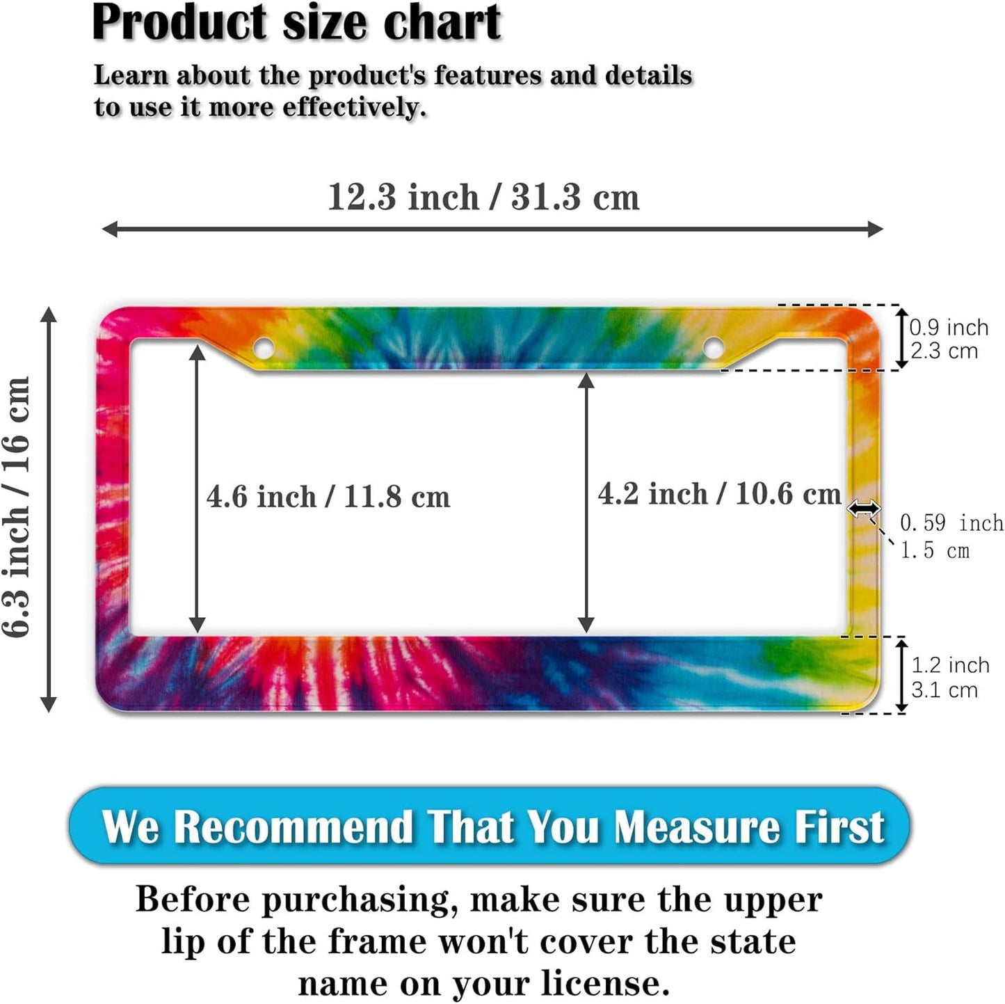 License Plate Frames for Men Rainbow License Plate Frame for Women Novelty Tie Dye Painting Aluminum Metal Car Accessory 2 Pack with Screw Covers Set