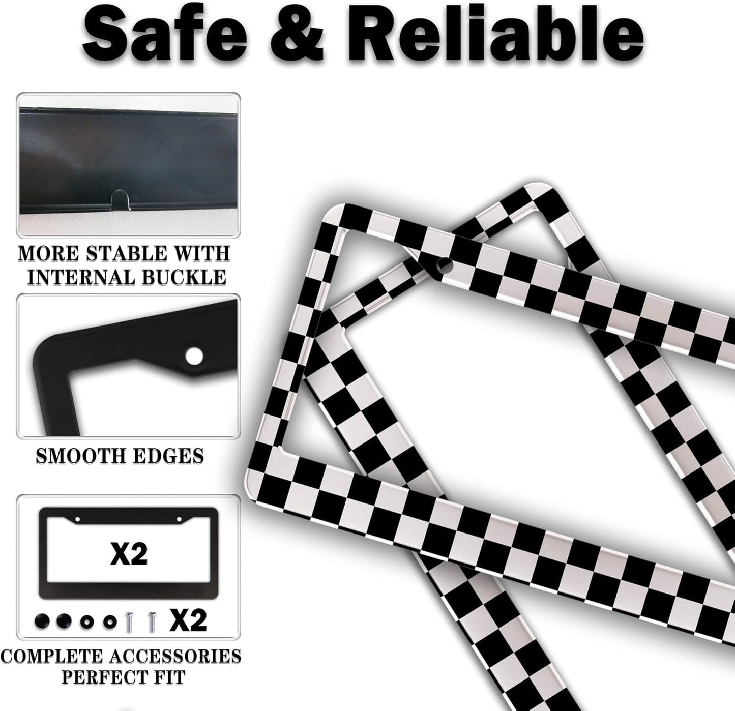 License Plate Frames Black and White License Plate Bracket Black and White Checkerboard Universal Aluminum Car Accessory 2 Pack with Screw Covers Set
