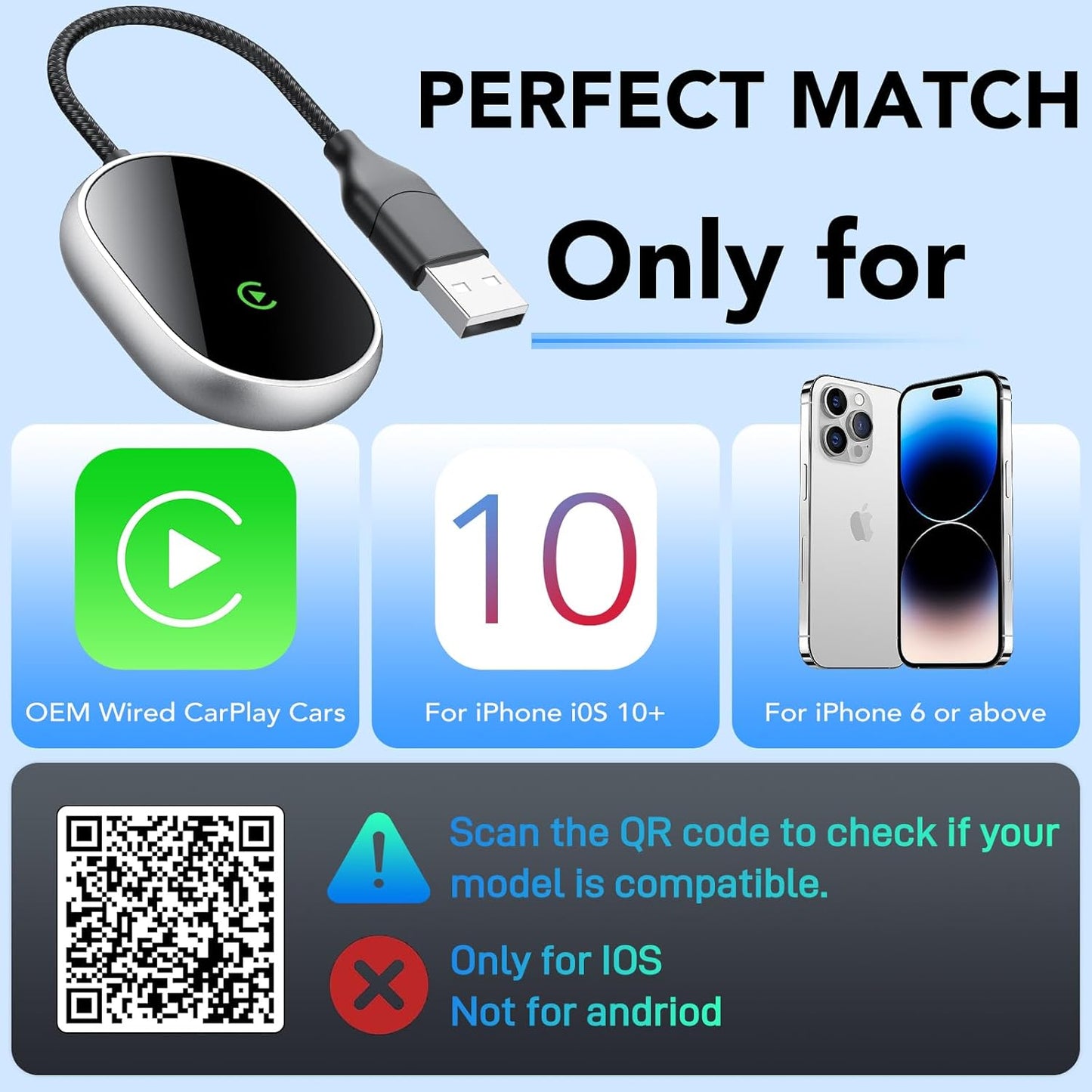 Wireless CarPlay Adapter for Apple iPhone, 2025 Upgraded Converts Wired to Wireless Car Play Adapter, Auto Connect, Mini Size, Compatible with Cars from 2016 & iOS 10+