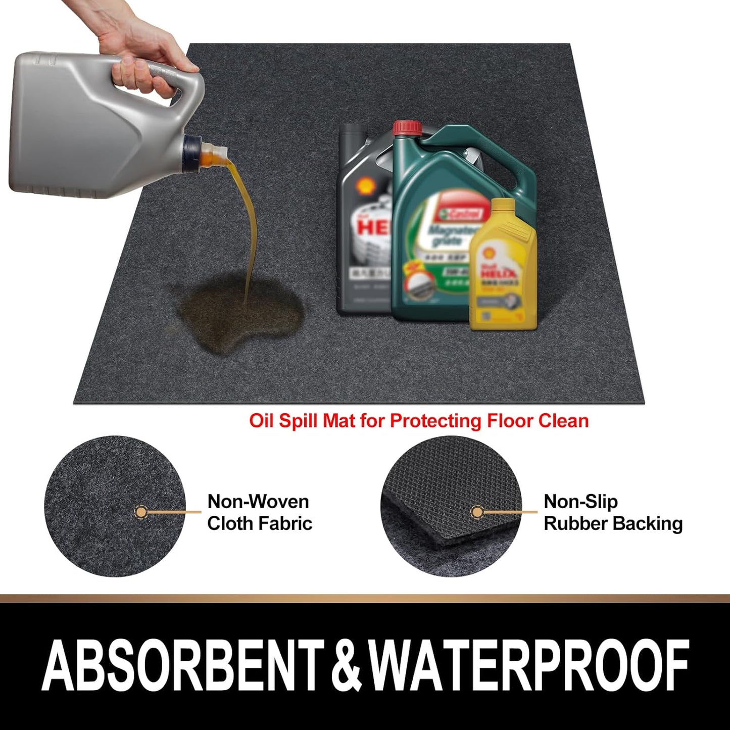 Oil Spill Mat, 59 x 72 inches, Premium Absorbent Oil Pad. Contains Liquids, Protects Garage Floor from Spills, Drips, Splashes and Stains. Washable, Reusable, Waterproof Rubber Parking Mats