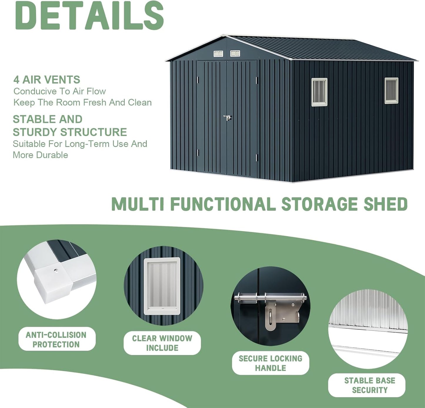 Breezz Outdoor Storage Shed 10 x 10 ft. Utility Tool Shed Metal Storage Garden Shed with Lockable Doors, Windows & Metal Frame Floor for Patio Storage,Nightblue