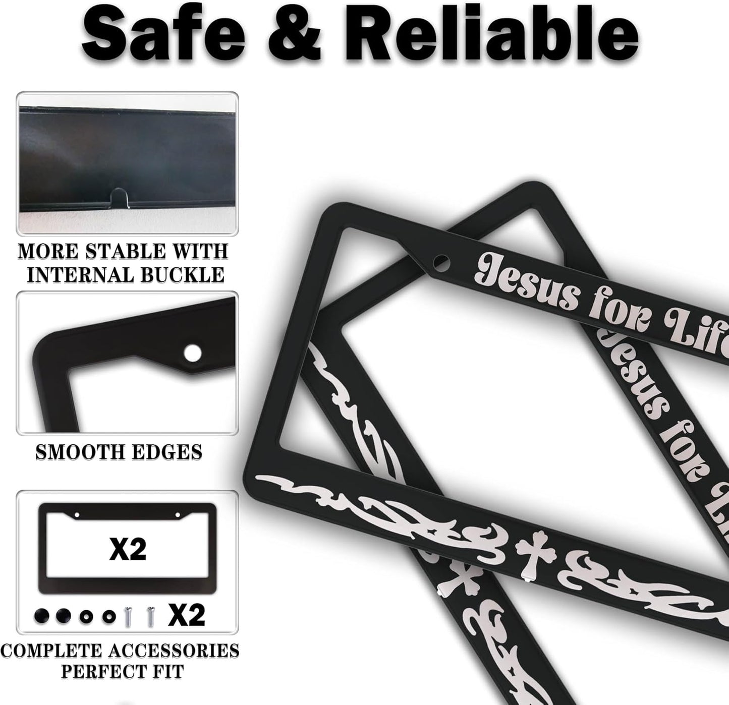 License Plate Frames Black and White Custom License Plate Frame Jesus for Life Aluminum Metal Car Accessory 2 Pack with Screw Covers Set