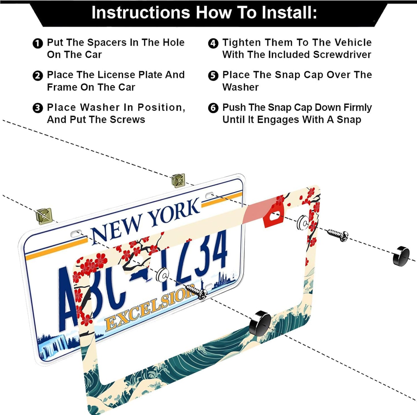 Waves Cherry Blossom License Plate Frames - 2 Pcs Set 2 Holes Stainless Steel Metal Auto Car Accessories Decoration License Plate Frame Cover Size 6.3" x 12.2" Fit US Vehicles for Women Men Gift