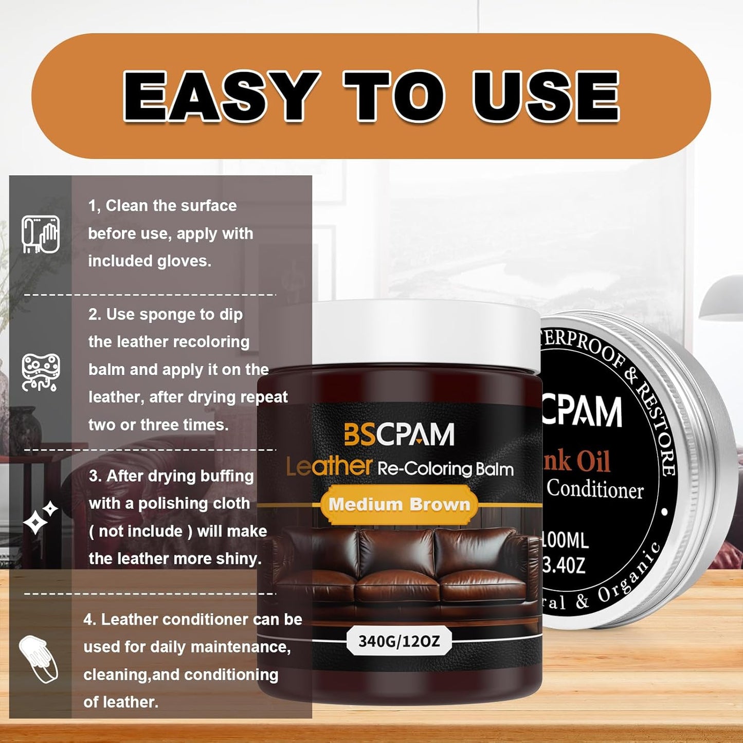 12oz Leather Recoloring Balm & 3.4oz Mink Oil Leather Conditioner kit,Medium Brown Leather Color Repair Kits for Couches, Leather Couch Paint Scratch Repair for Furniture Car Sofa Shoes Leather Dye